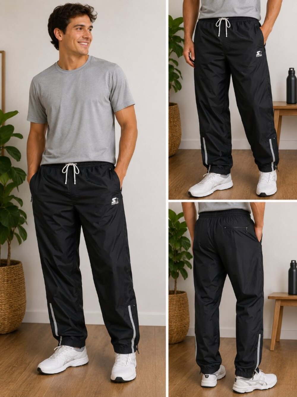 Starter Men’s 2X Black Track Pants Windbreaker Reflective Ankle Zip Retro Y2K